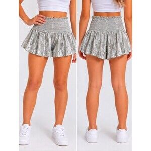 QUEEN OF SPARKLES Glitter Swing Metallic Silver Shorts Girls Size XL